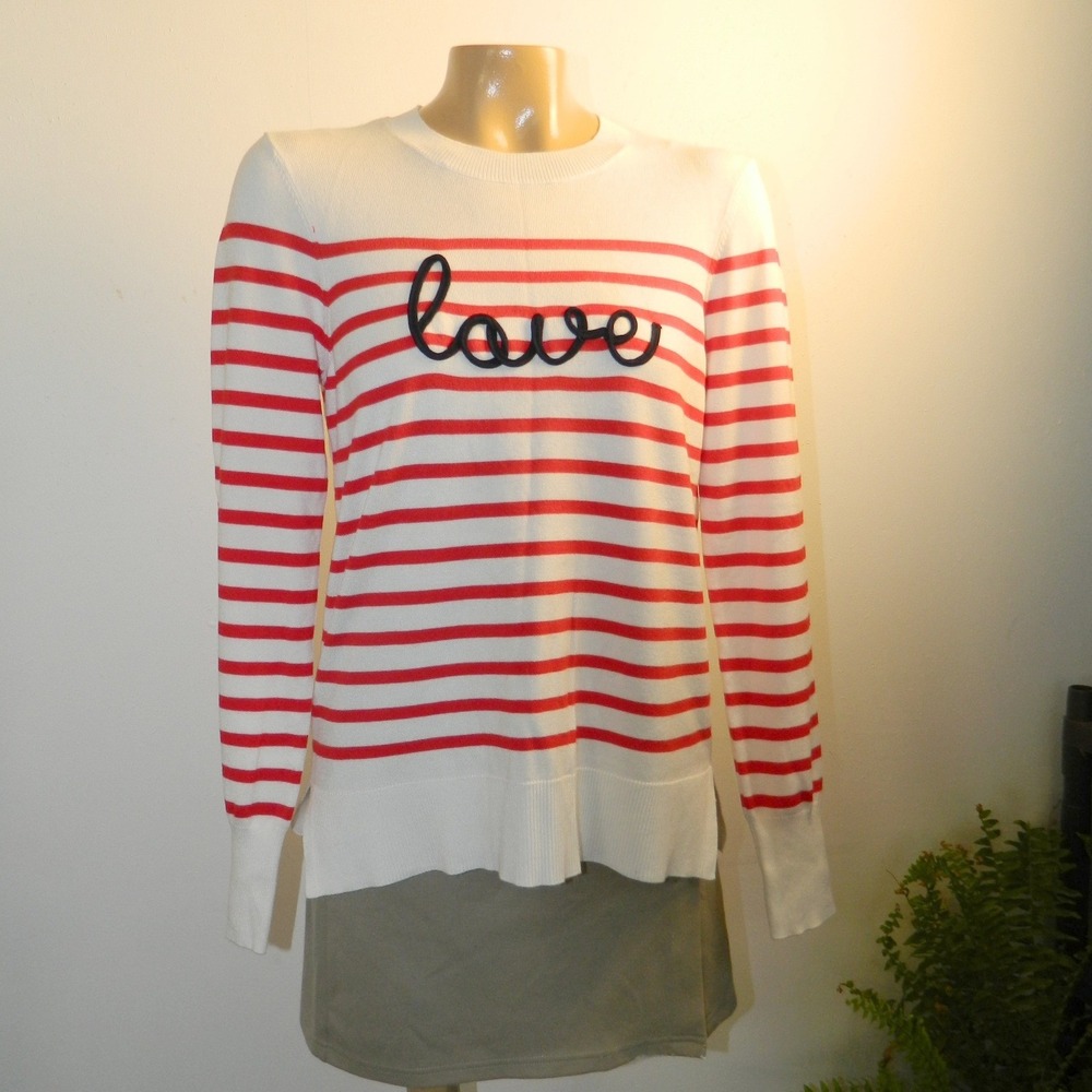 Marled Striped Love Sweater Womens M White Red Nautical Parisian Long Sleeve